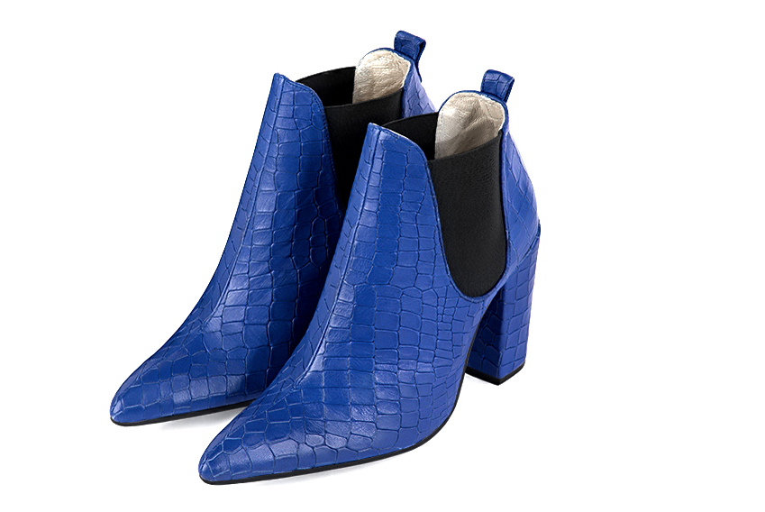 Electric blue and matt black women's ankle boots, with elastics. Tapered toe. High block heels. Front view - Florence KOOIJMAN